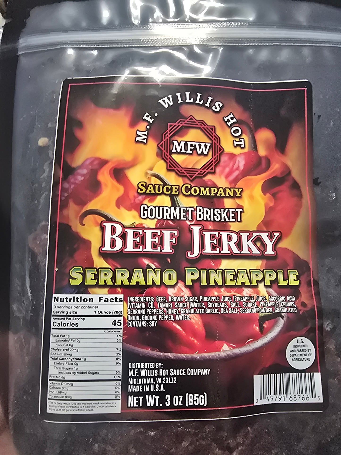 Serrano Pineapple Beef Brisket Jerky package featuring nutritional facts and bold branding.