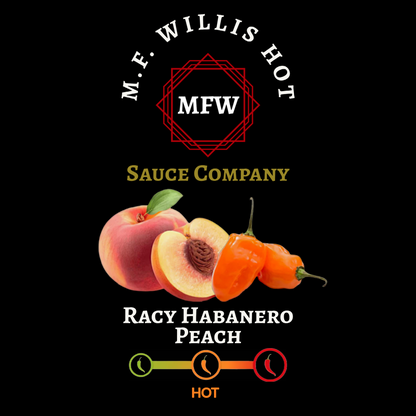 M.F. Willis Hot Sauce Company Peach Habanero with peaches and habanero peppers on a black background.